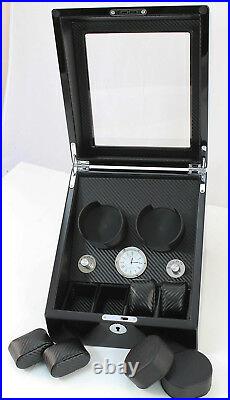 2+4 Black Watch Winder Wood Case Box Carbon Fiber PU Lock withkey 8055BCF