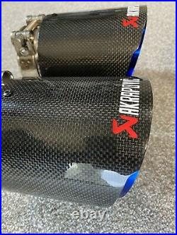 2 Blue & Black Carbon Fibre Akrapovic Exhaust Tips 4.5 Universal Stainless