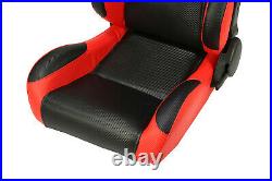 2 x Black+Side Red carbon Fiber PVC leather L/R Racing Bucket Seat+Slider