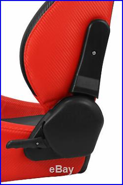 2 x Reclinable Black/Red Carbon Fiber PVC Leather Left/Right Racing Bucket Seats