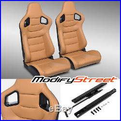 2x MAIN KHAKI/SIDE CARBON FIBER MIX PVC LEATHER L/R RACING BUCKET SEATS + SLIDER