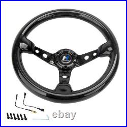 350mm 14 Black Real Carbon Fiber Spoke Steering Wheel Horn Button 6 Holes