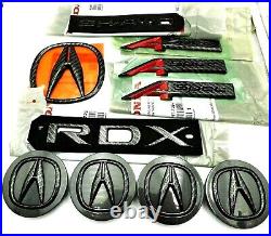 Acura RDX A-Spec 19-22 Black Carbon Fiber Emblem Trunk Badge Wheel Caps Set X10