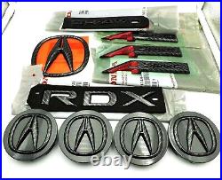 Acura RDX A-Spec 19-22 Black Carbon Fiber Emblem Trunk Badge Wheel Caps Set X10